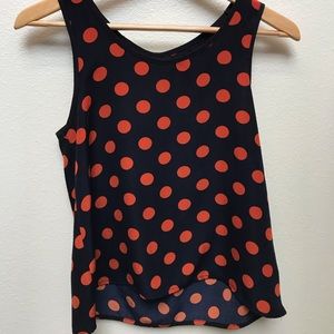 Eloise- Anthropology navy & orange dot bow tank
